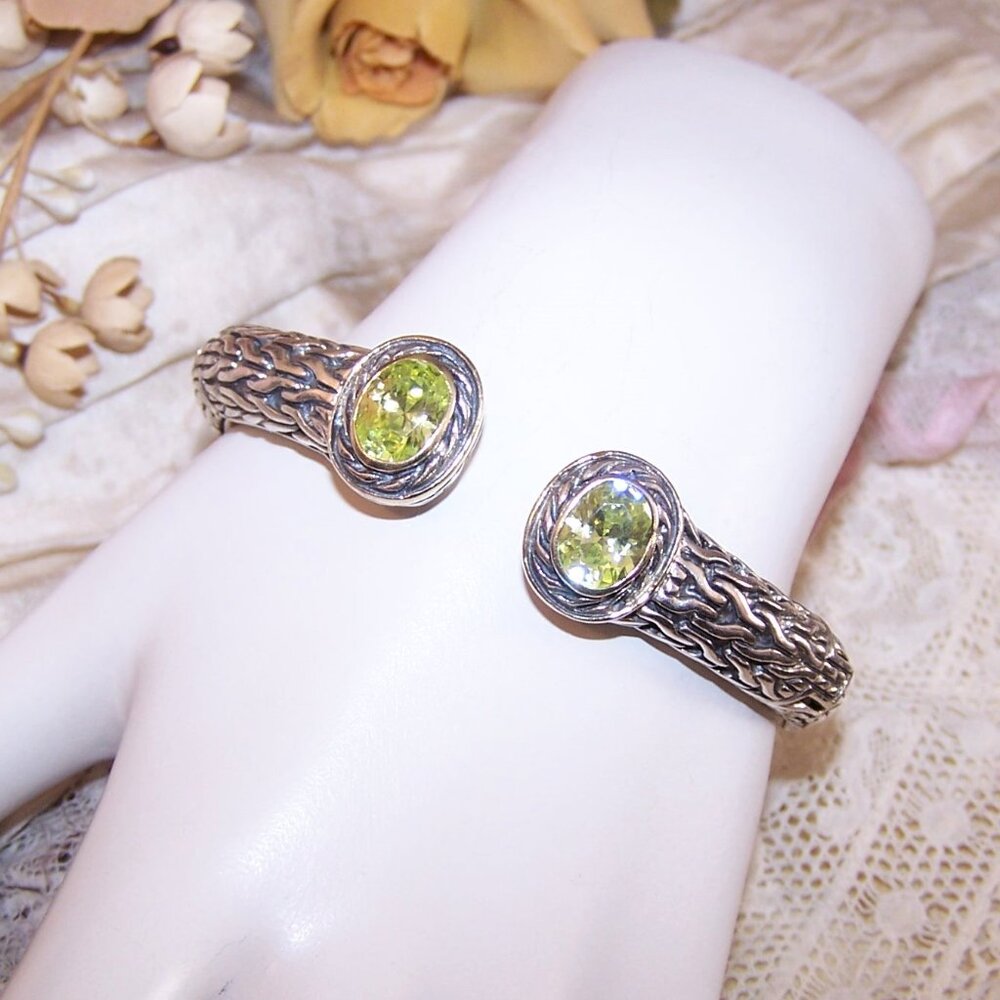 Sterling Silver 14K Gold Peridot CZ Hinged Cuff Bracelet - Size 6.75